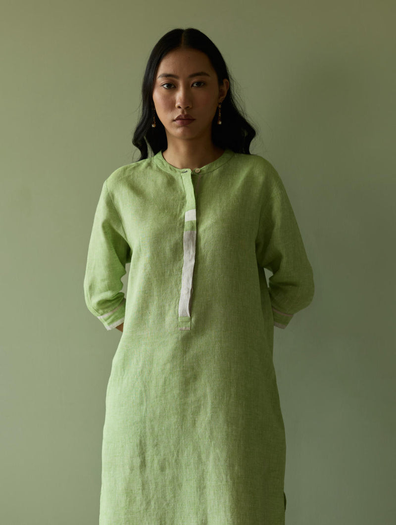 Terra Border Linen Dress-Meadow linen by Manan in green color for women in Singapore