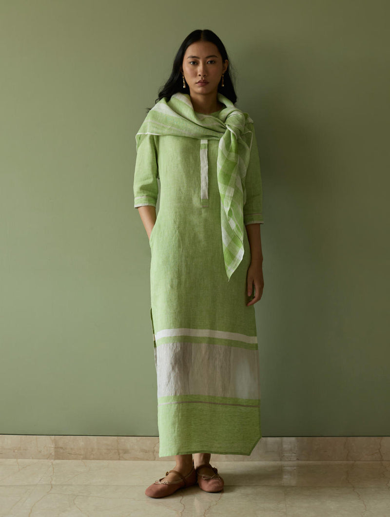 Terra Border Linen Dress-Meadow linen by Manan in green color for women in Singapore
