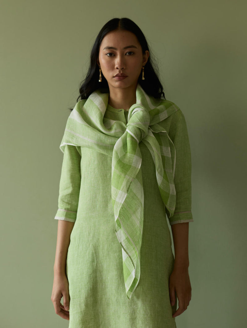 Terra Border Linen Dress-Meadow linen by Manan in green color for women in Singapore