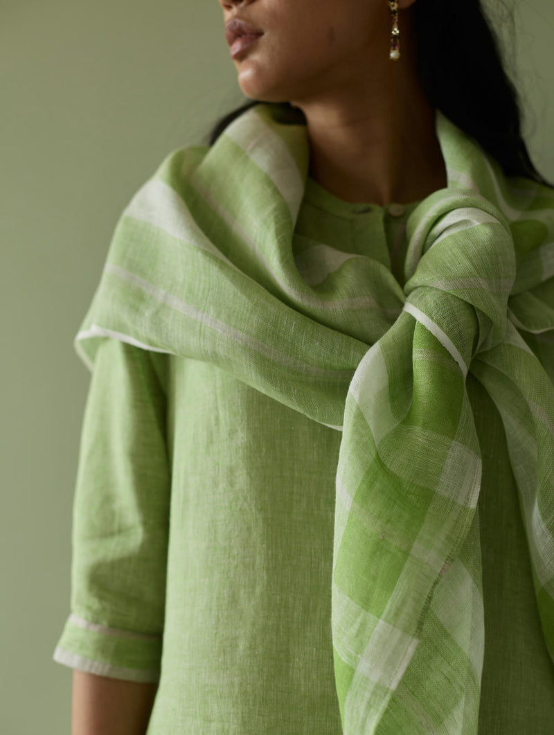 Terra Border Linen Dress-Meadow linen by Manan in green color for women in Singapore