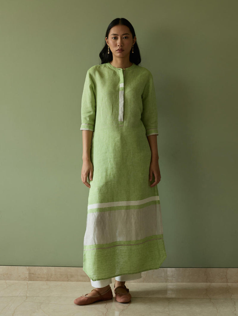 Terra Border Linen Dress-Meadow linen by Manan in green color for women in Singapore