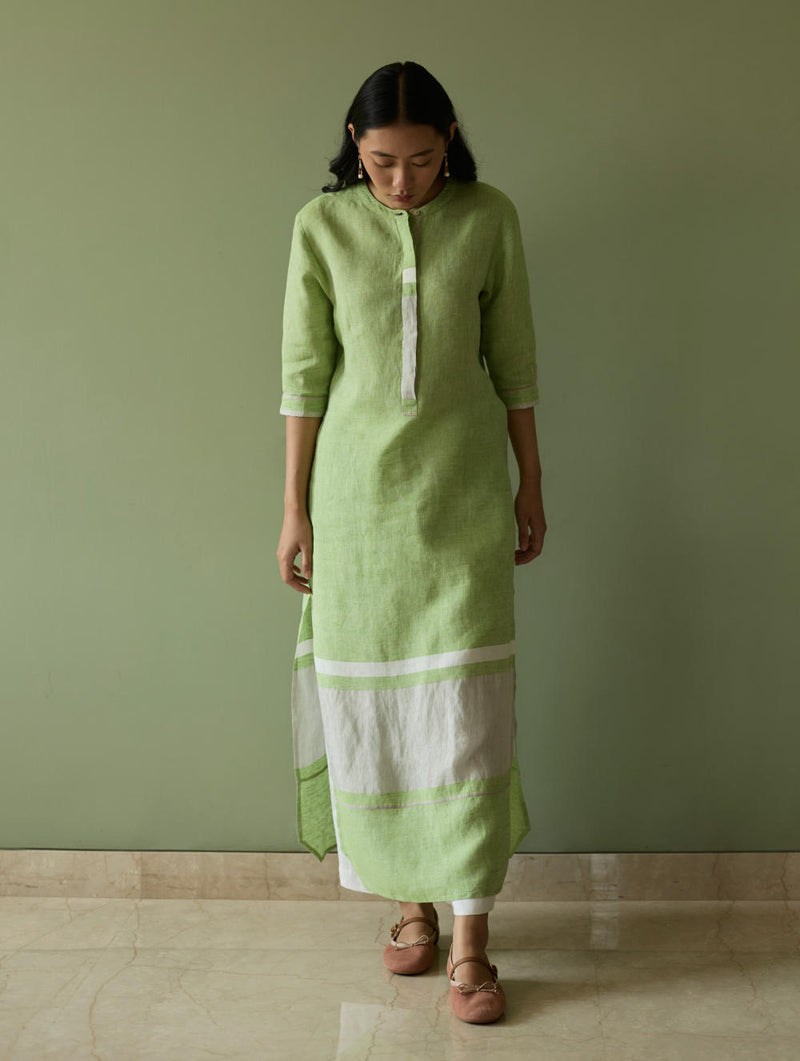 Terra Border Linen Dress-Meadow linen by Manan in green color for women in Singapore