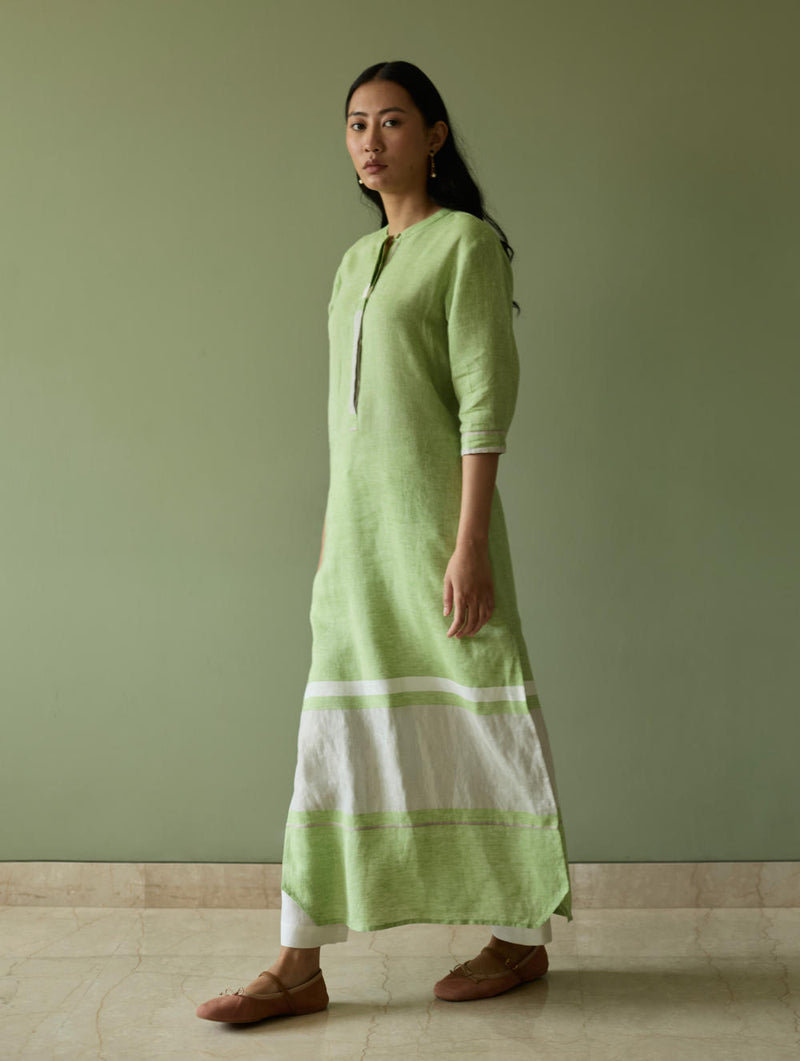 Terra Border Linen Dress-Meadow linen by Manan in green color for women in Singapore