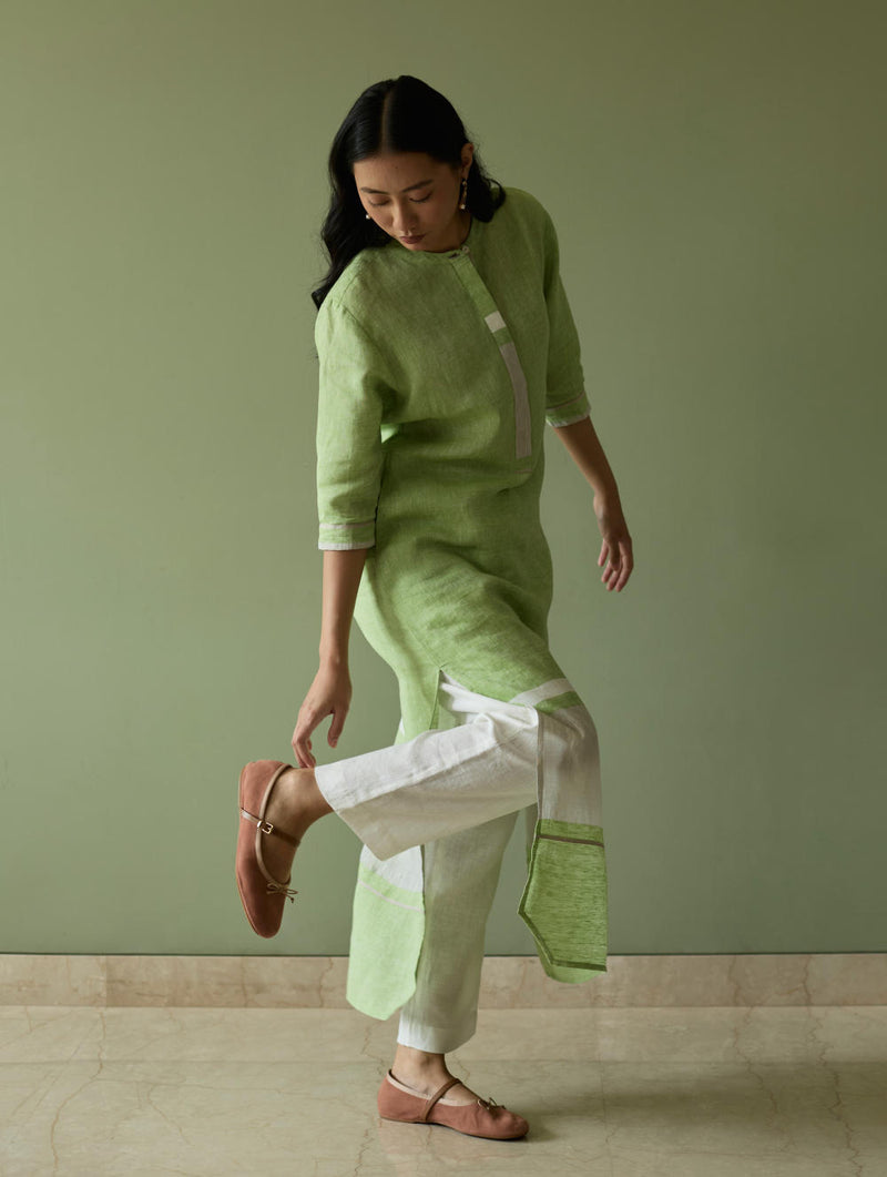 Terra Border Linen Dress-Meadow linen by Manan in green color for women in Singapore