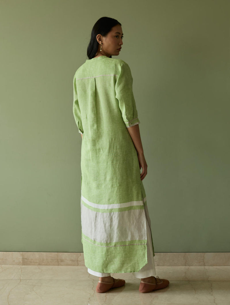 Terra Border Linen Dress-Meadow linen by Manan in green color for women in Singapore