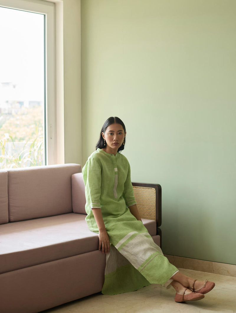 Terra Border Linen Dress-Meadow linen by Manan in green color for women in Singapore