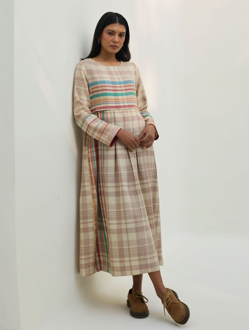 Fiona Merino Wool Pleated Dress - Beige by Manan in beige color for women in Singapore