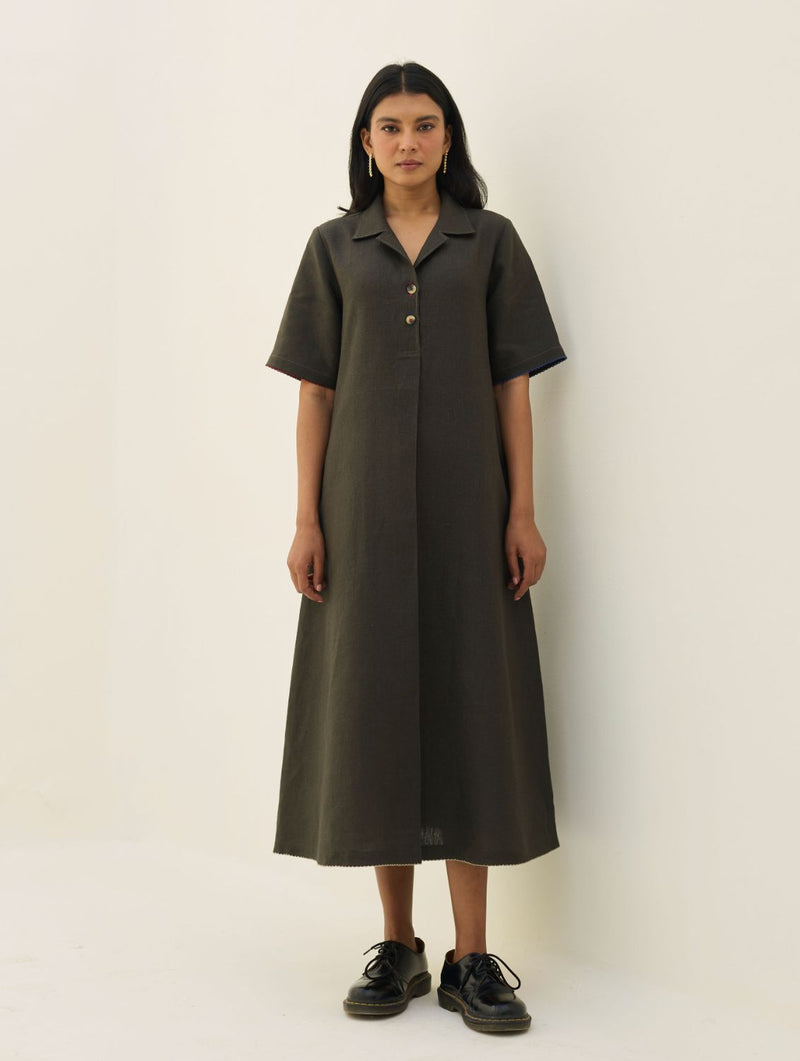 Aster Thick Linen Dress - Olive Charcoal all linen by Manan in charcoal color for women in Singapore