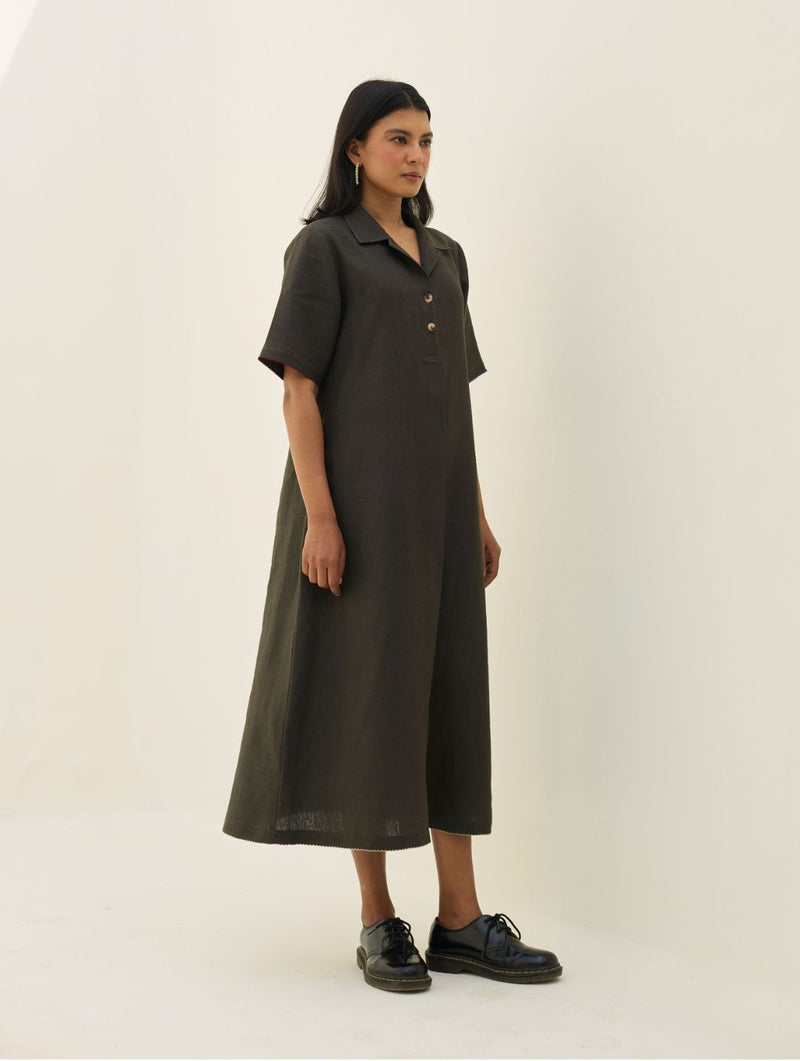 Aster Thick Linen Dress - Olive Charcoal all linen by Manan in charcoal color for women in Singapore
