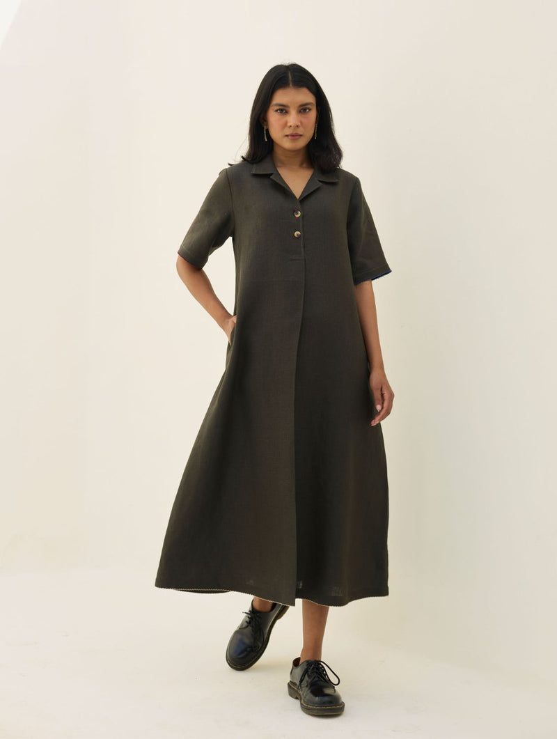 Aster Thick Linen Dress - Olive Charcoal all linen by Manan in charcoal color for women in Singapore
