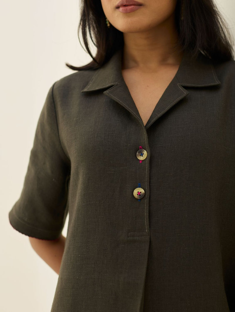 Aster Thick Linen Dress - Olive Charcoal all linen by Manan in charcoal color for women in Singapore