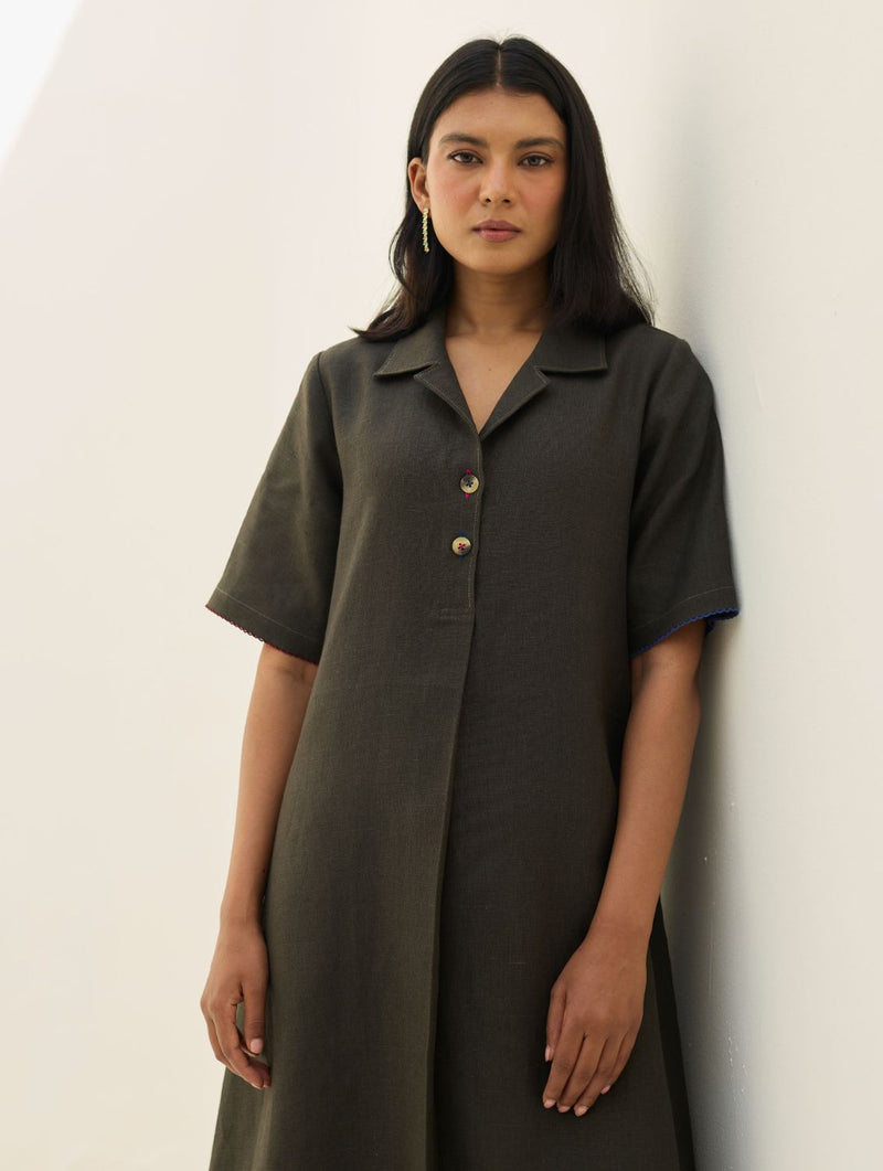 Aster Thick Linen Dress - Olive Charcoal all linen by Manan in charcoal color for women in Singapore