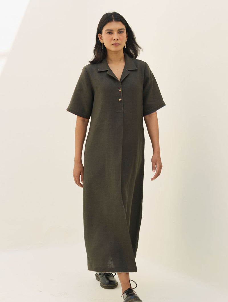 Aster Thick Linen Dress - Olive Charcoal all linen by Manan in charcoal color for women in Singapore