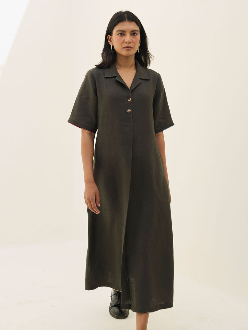 Aster Thick Linen Dress - Olive Charcoal all linen by Manan in charcoal color for women in Singapore