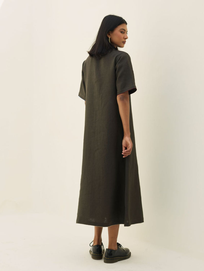 Aster Thick Linen Dress - Olive Charcoal all linen by Manan in charcoal color for women in Singapore