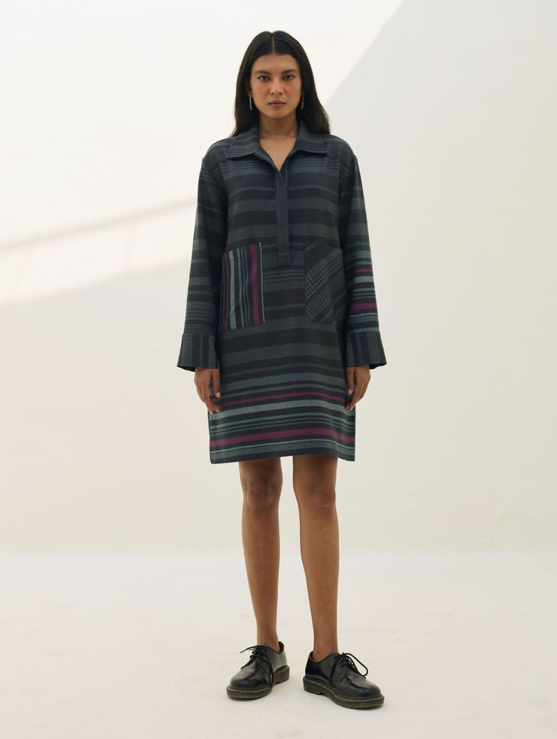 Eden Patch Pocket Dress - Charcoal all linen by Manan in charcoal color for women in Singapore