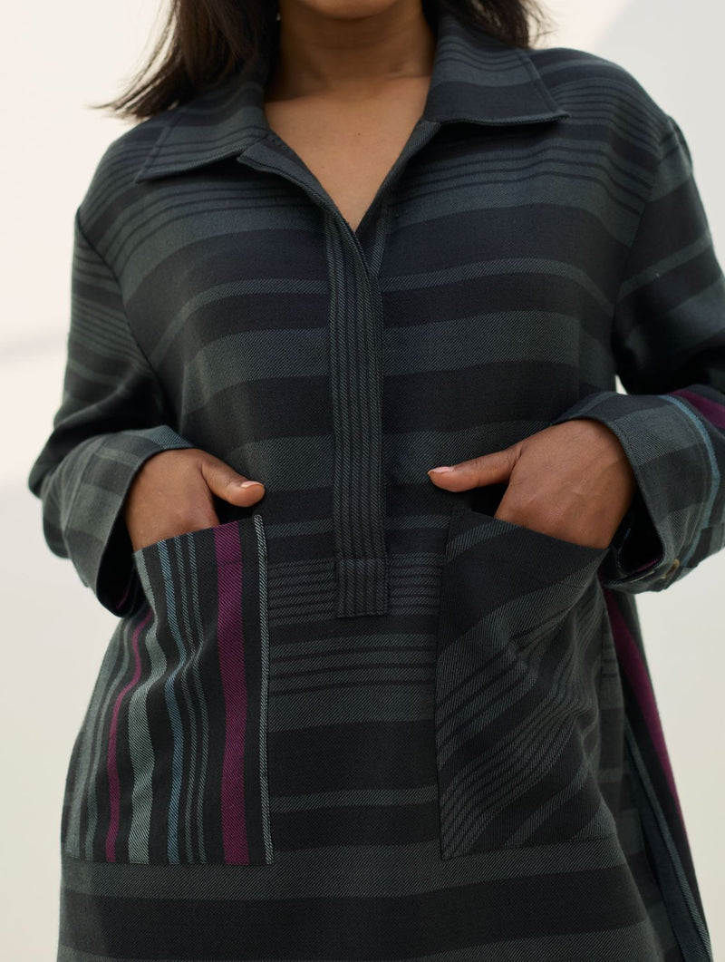 Eden Patch Pocket Dress - Charcoal all linen by Manan in charcoal color for women in Singapore