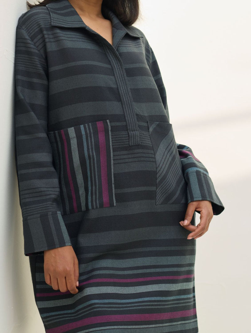 Eden Patch Pocket Dress - Charcoal all linen by Manan in charcoal color for women in Singapore