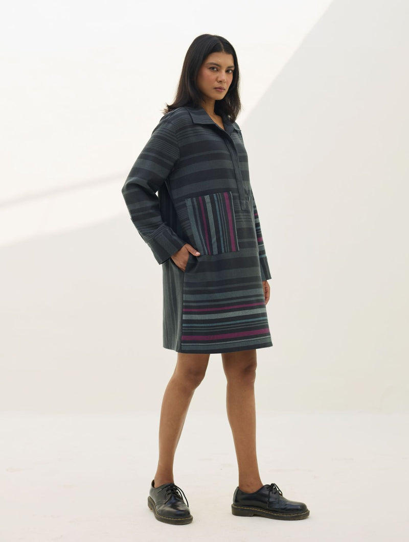 Eden Patch Pocket Dress - Charcoal all linen by Manan in charcoal color for women in Singapore