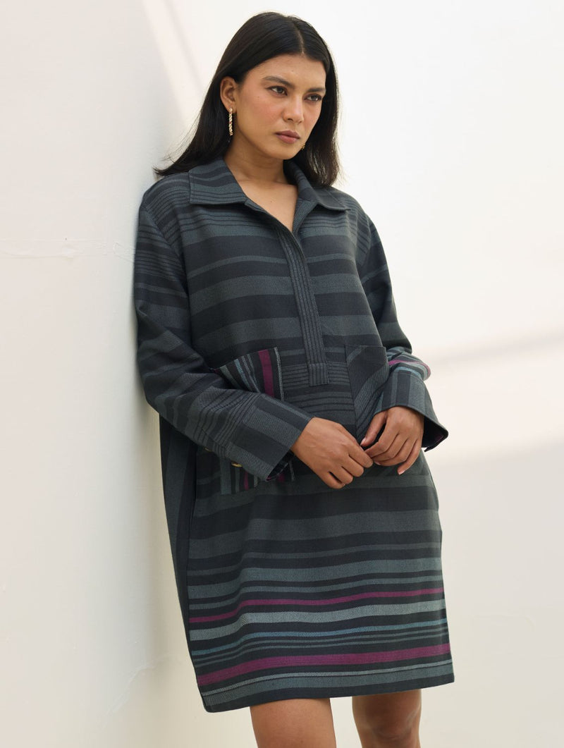 Eden Patch Pocket Dress - Charcoal all linen by Manan in charcoal color for women in Singapore