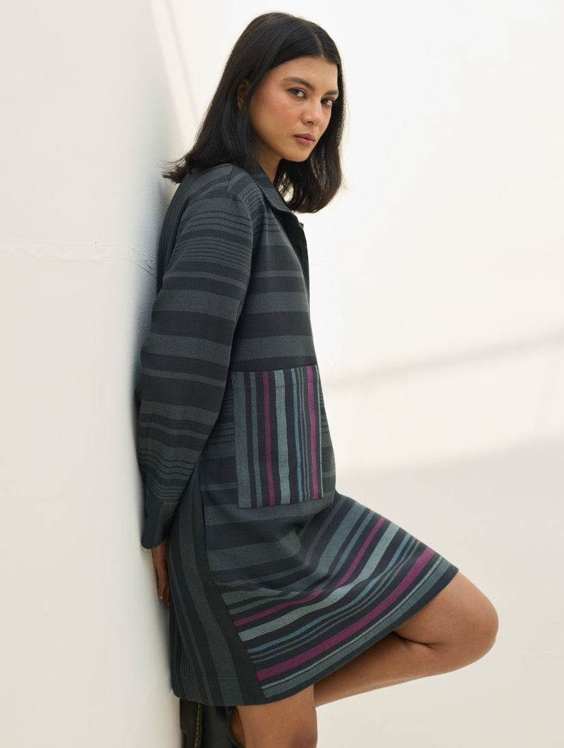 Eden Patch Pocket Dress - Charcoal all linen by Manan in charcoal color for women in Singapore