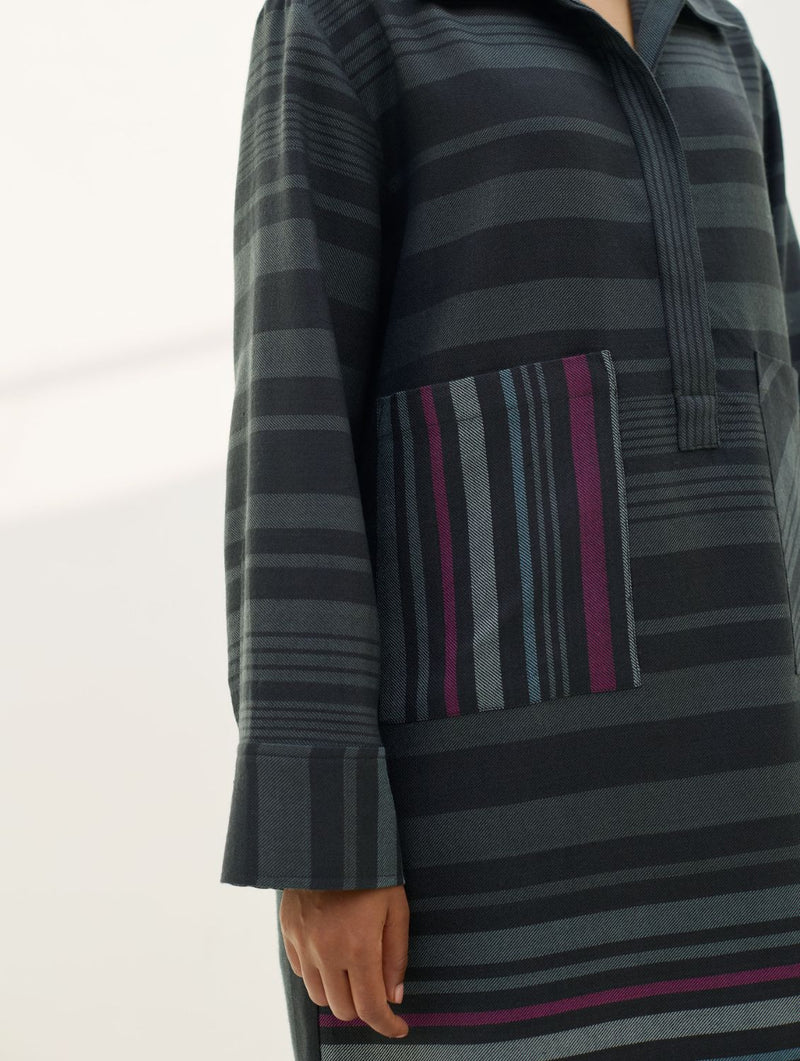 Eden Patch Pocket Dress - Charcoal all linen by Manan in charcoal color for women in Singapore