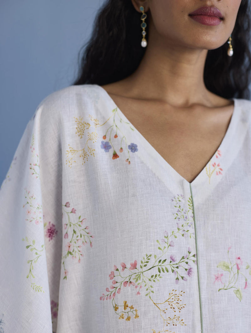Eva Floral Linen Kaftan Dress - White linen by Manan in white color for women in Singapore