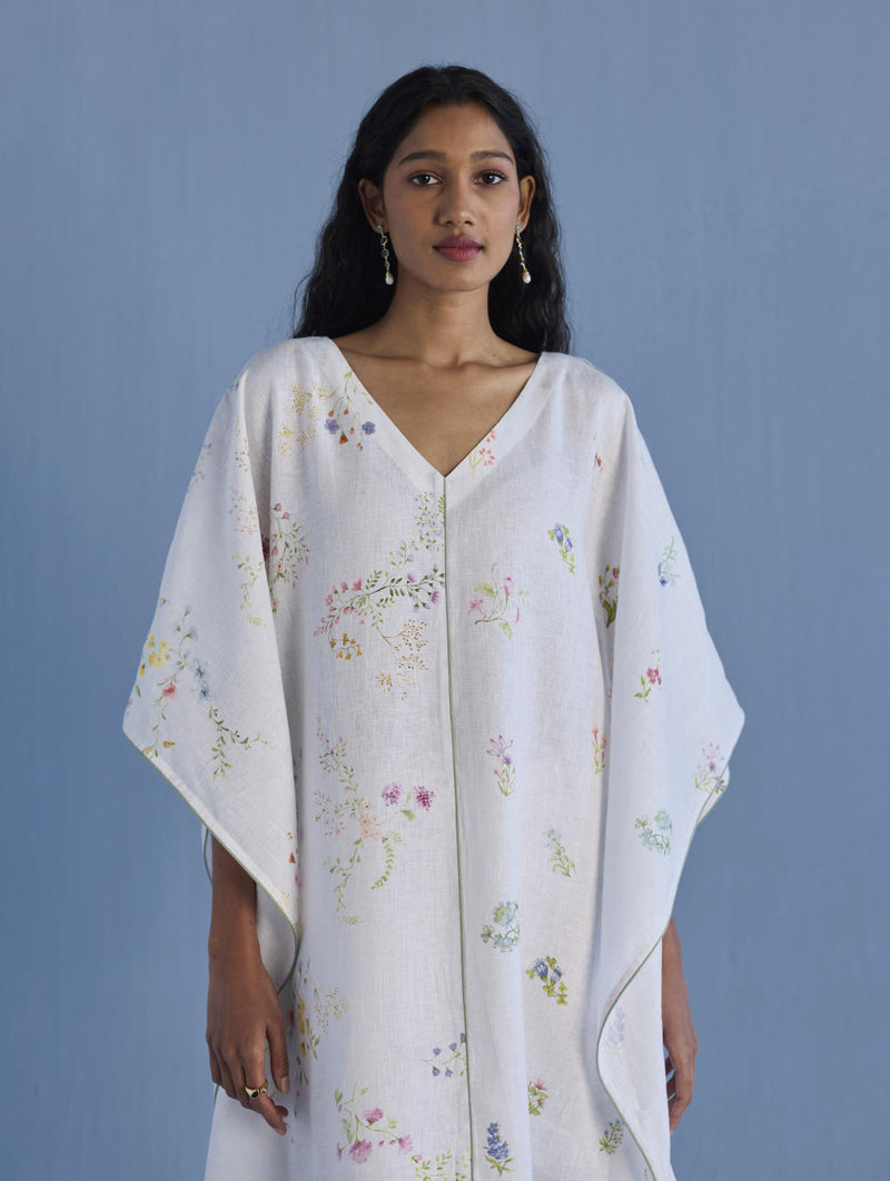 Eva Floral Linen Kaftan Dress - White linen by Manan in white color for women in Singapore