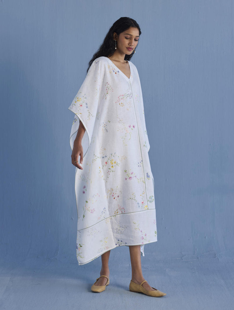 Eva Floral Linen Kaftan Dress - White linen by Manan in white color for women in Singapore