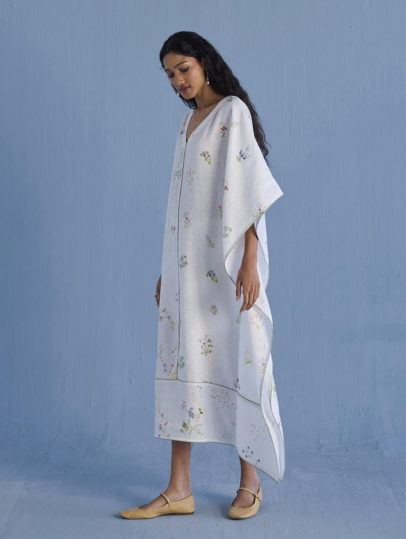 Eva Floral Linen Kaftan Dress - White linen by Manan in white color for women in Singapore