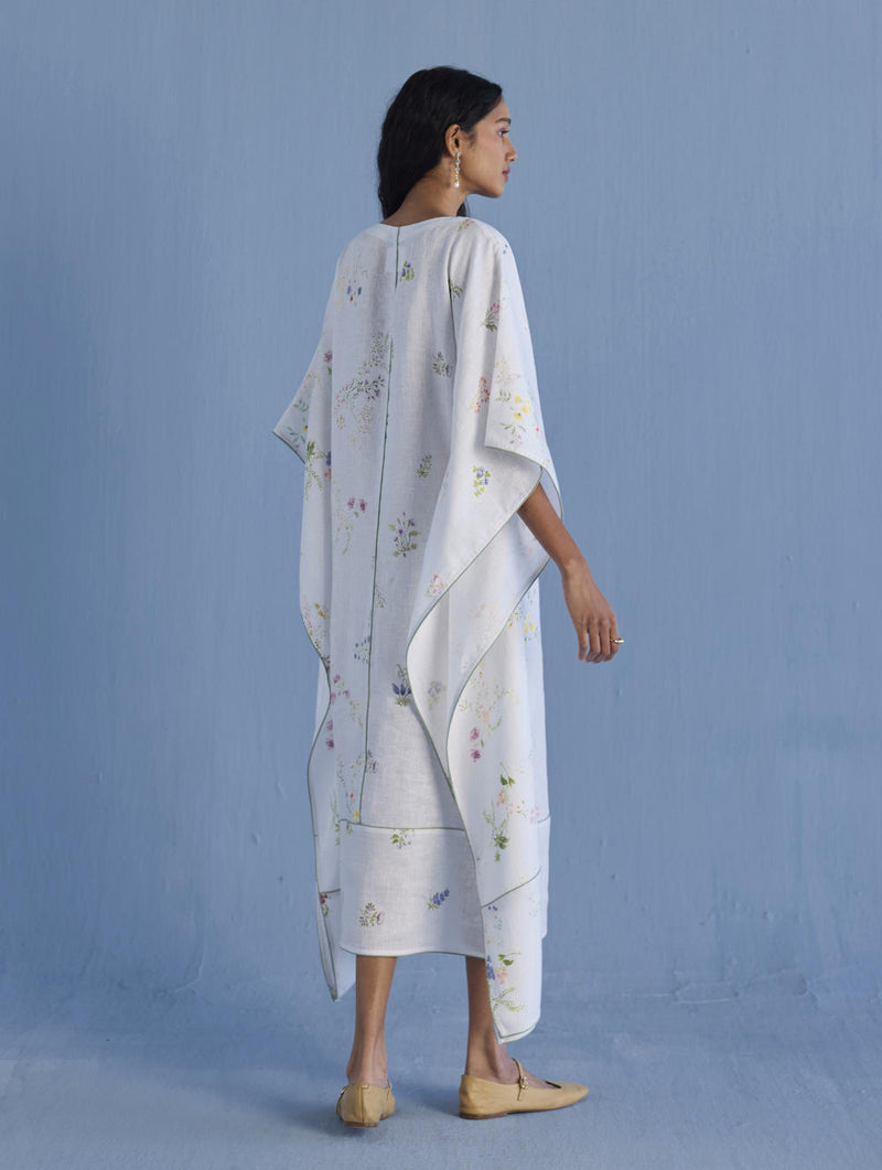 Eva Floral Linen Kaftan Dress - White linen by Manan in white color for women in Singapore