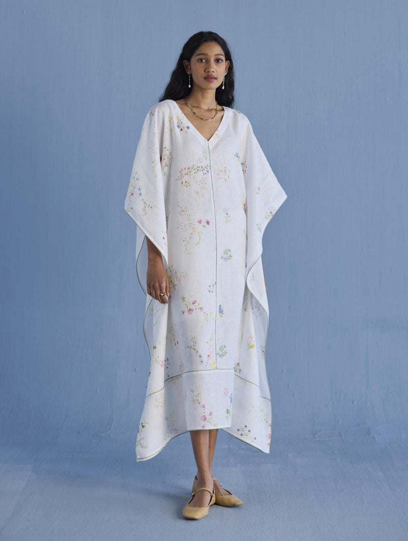 Eva Floral Linen Kaftan Dress - White linen by Manan in white color for women in Singapore