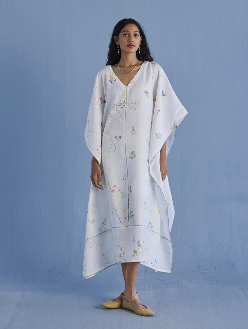 Eva Floral Linen Kaftan Dress - White linen by Manan in white color for women in Singapore