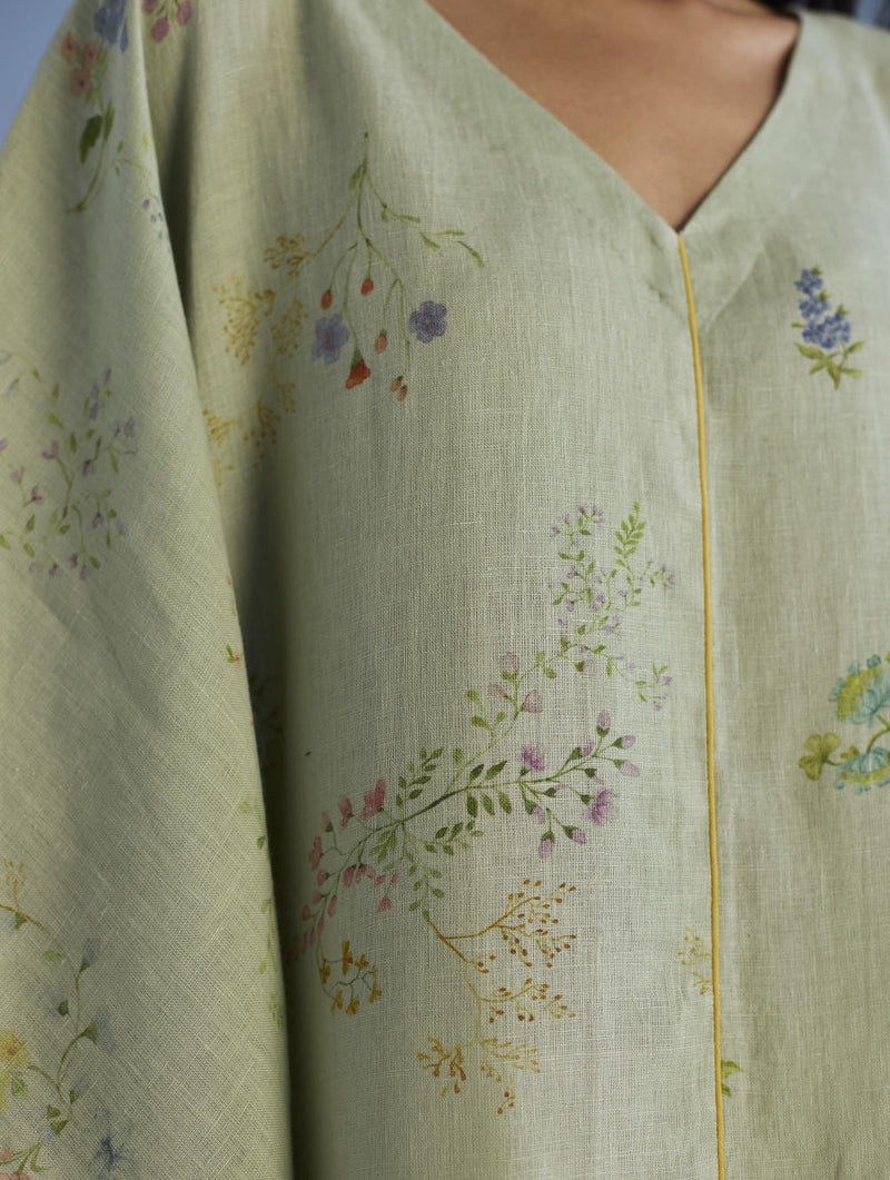 Eva Floral Linen Kaftan Dress - Mint linen by Manan in mint color for women in Singapore