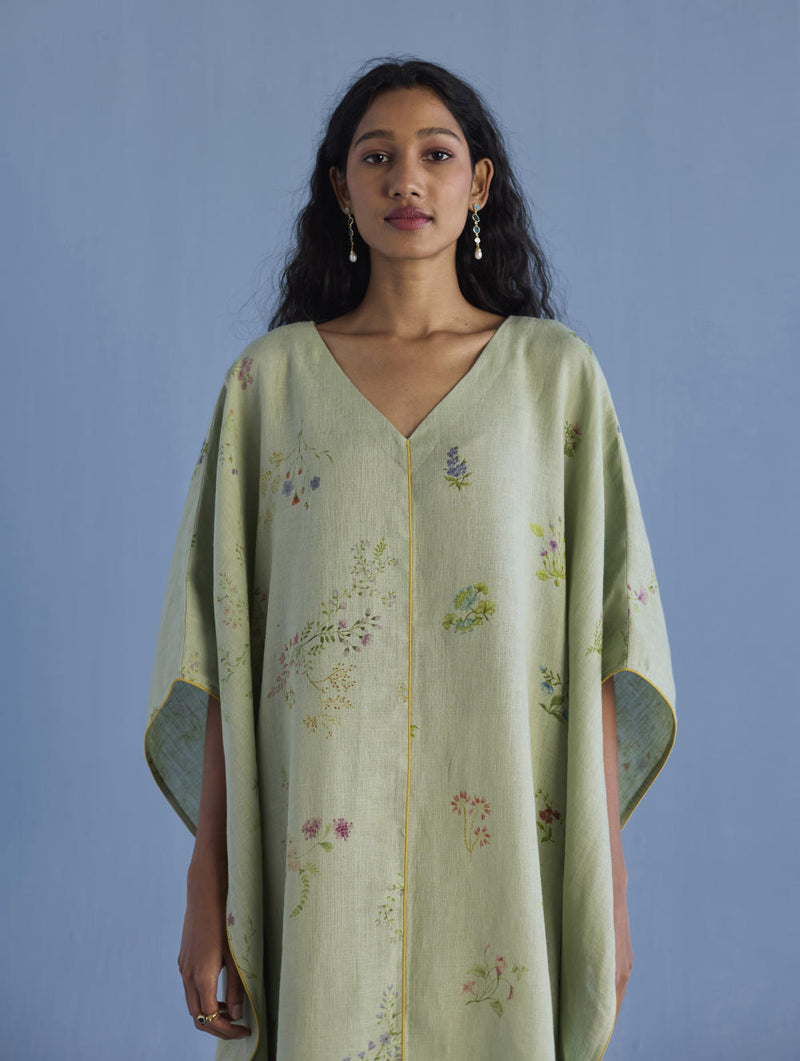 Eva Floral Linen Kaftan Dress - Mint linen by Manan in mint color for women in Singapore