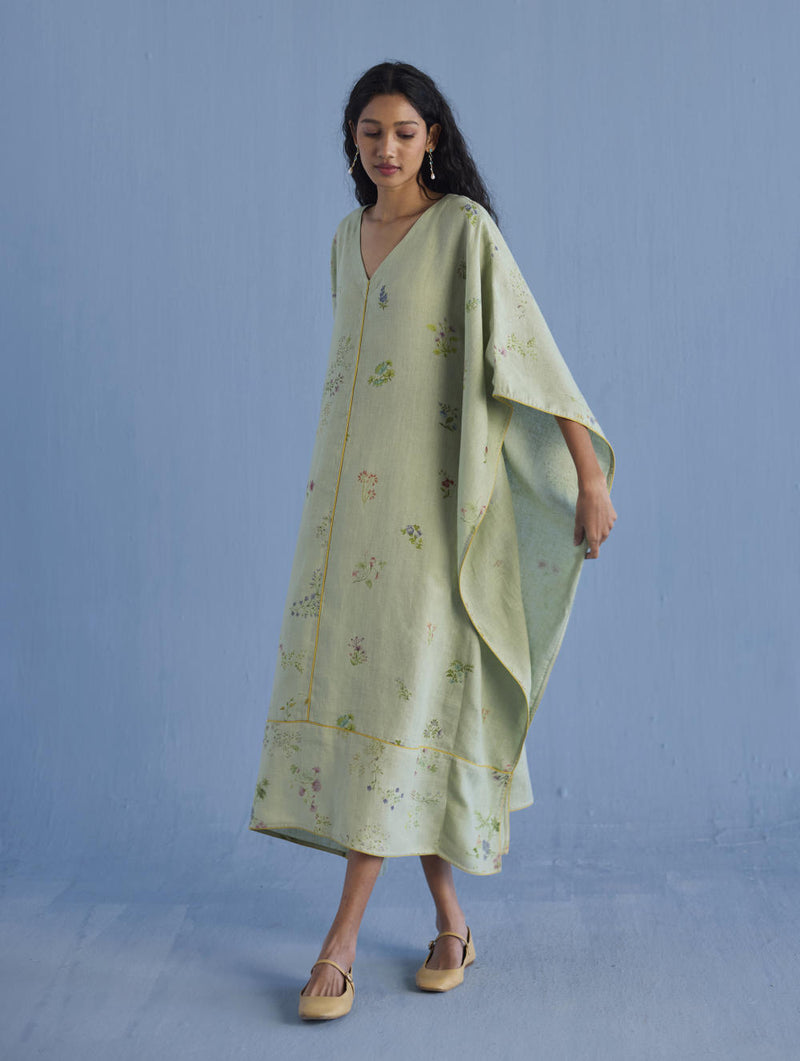 Eva Floral Linen Kaftan Dress - Mint linen by Manan in mint color for women in Singapore