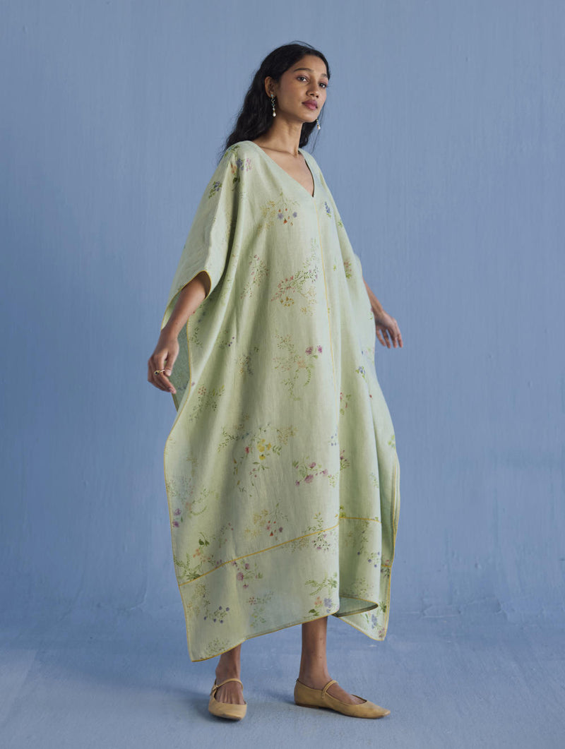 Eva Floral Linen Kaftan Dress - Mint linen by Manan in mint color for women in Singapore