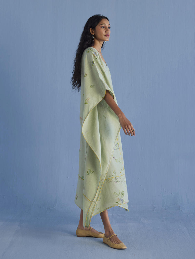 Eva Floral Linen Kaftan Dress - Mint linen by Manan in mint color for women in Singapore