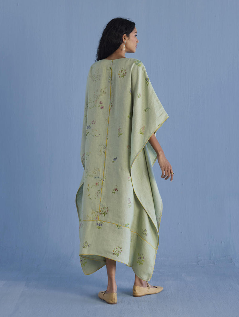 Eva Floral Linen Kaftan Dress - Mint linen by Manan in mint color for women in Singapore