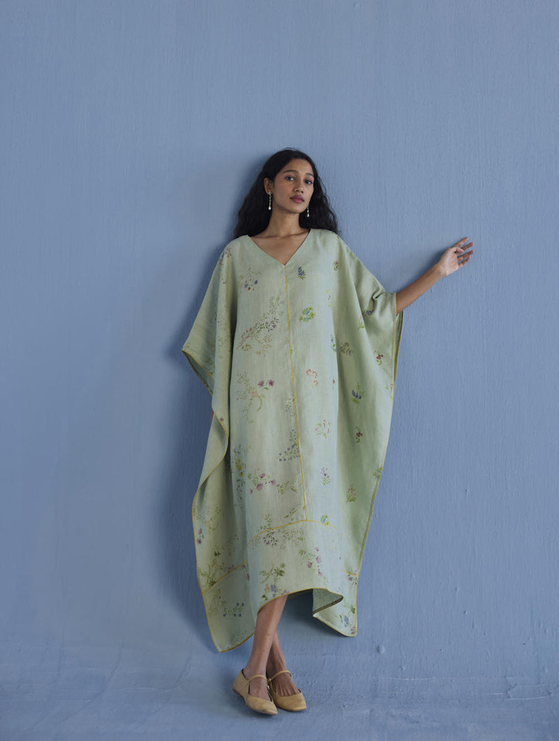 Eva Floral Linen Kaftan Dress - Mint linen by Manan in mint color for women in Singapore