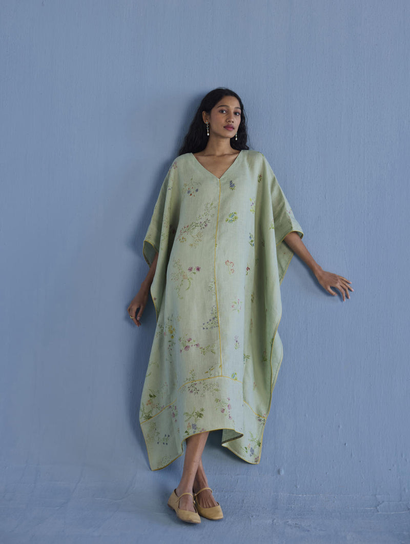 Eva Floral Linen Kaftan Dress - Mint linen by Manan in mint color for women in Singapore