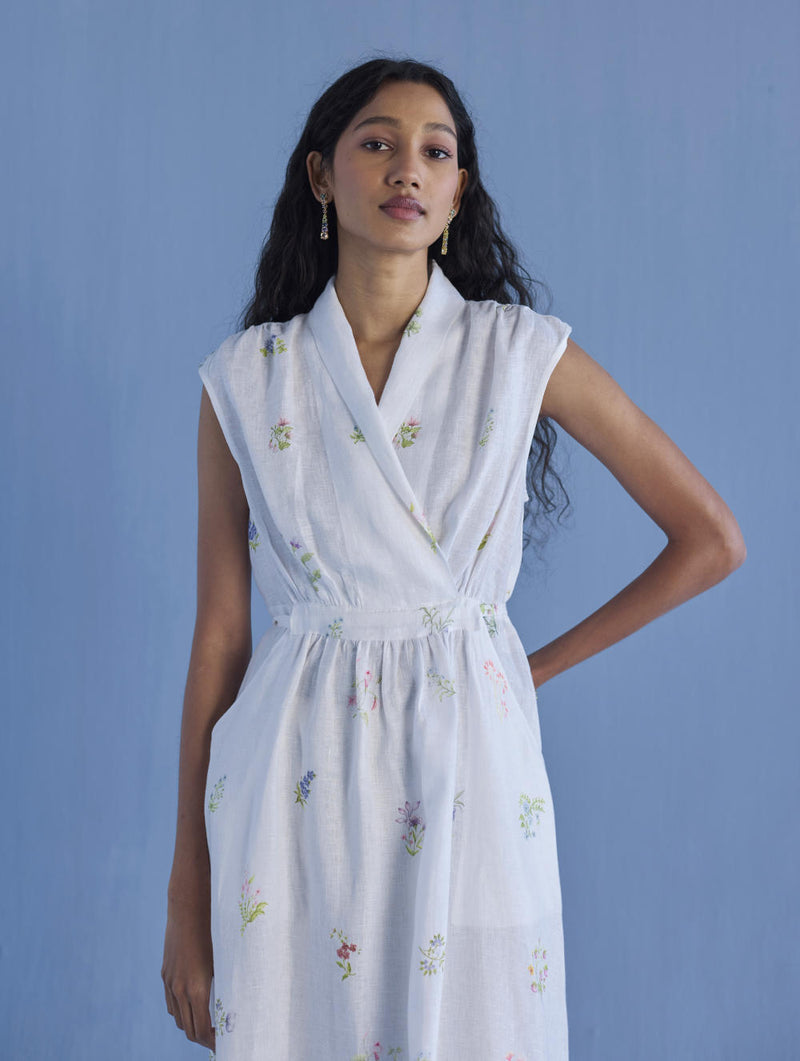 Mema Shawl Collar Printed Linen Dress - White linen by Manan in white color for women in Singapore