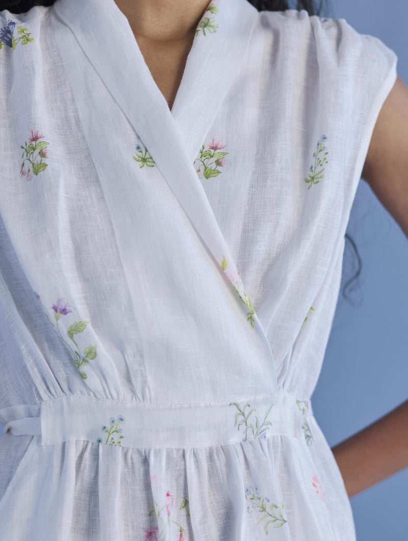 Mema Shawl Collar Printed Linen Dress - White linen by Manan in white color for women in Singapore