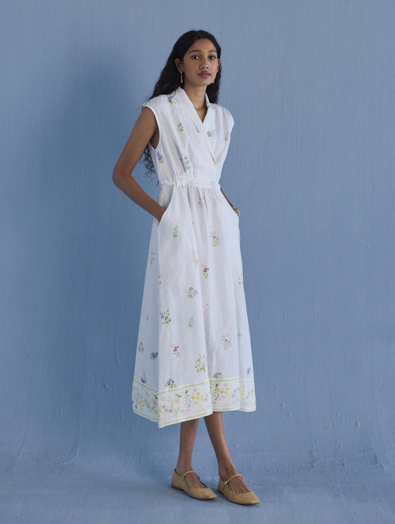Mema Shawl Collar Printed Linen Dress - White linen by Manan in white color for women in Singapore