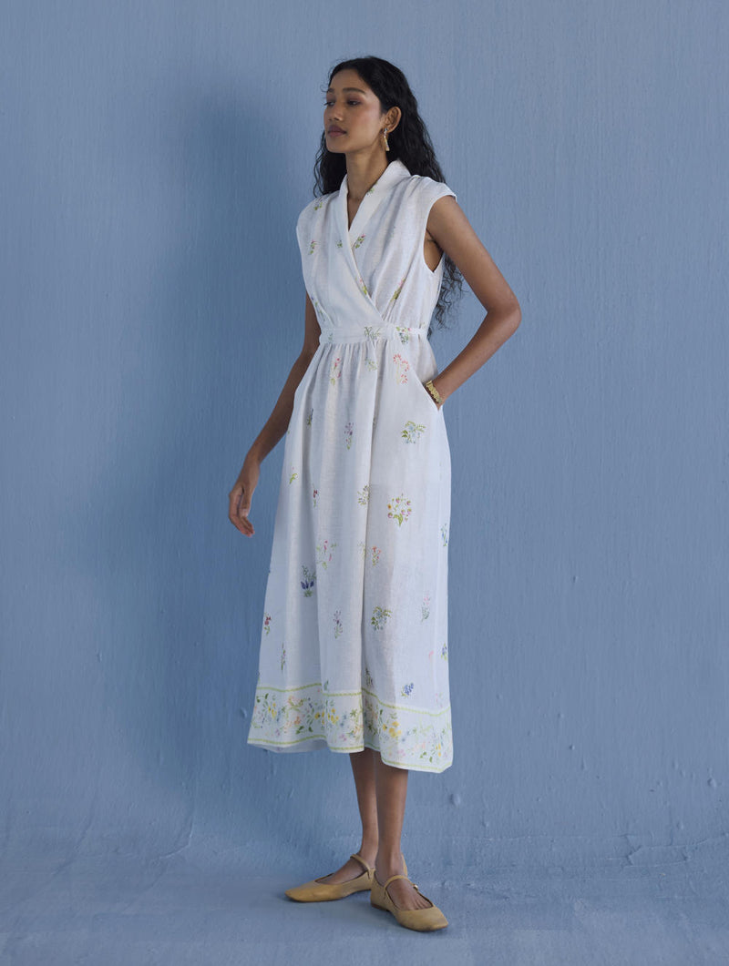 Mema Shawl Collar Printed Linen Dress - White linen by Manan in white color for women in Singapore