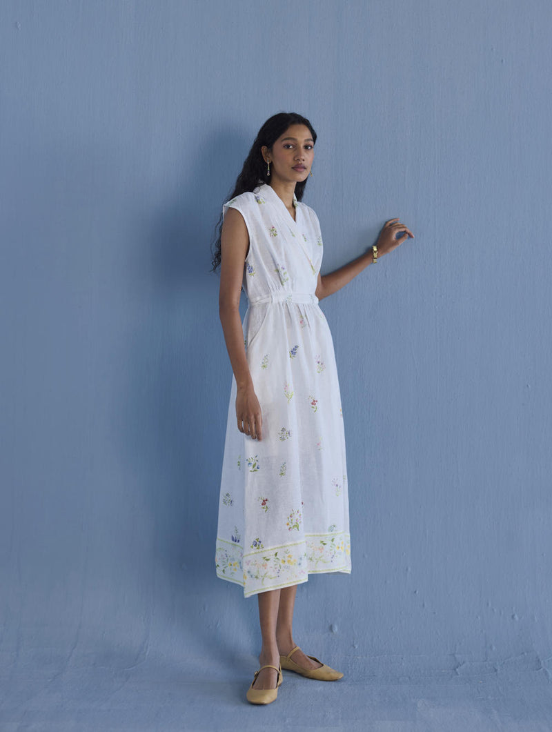 Mema Shawl Collar Printed Linen Dress - White linen by Manan in white color for women in Singapore