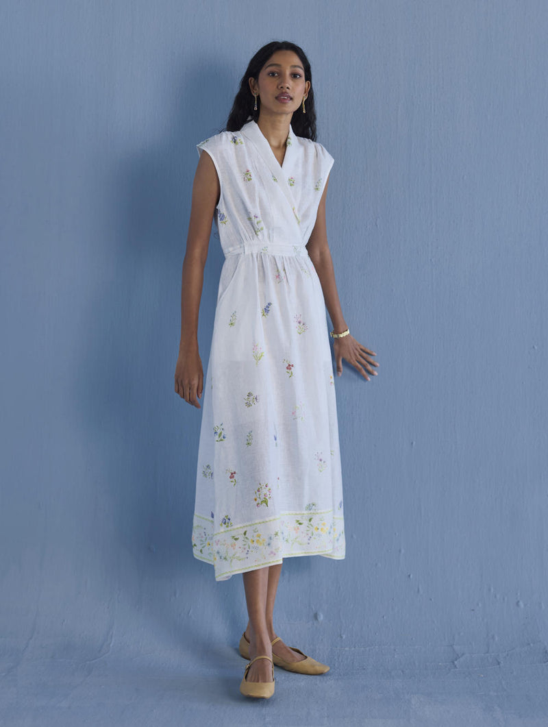 Mema Shawl Collar Printed Linen Dress - White linen by Manan in white color for women in Singapore