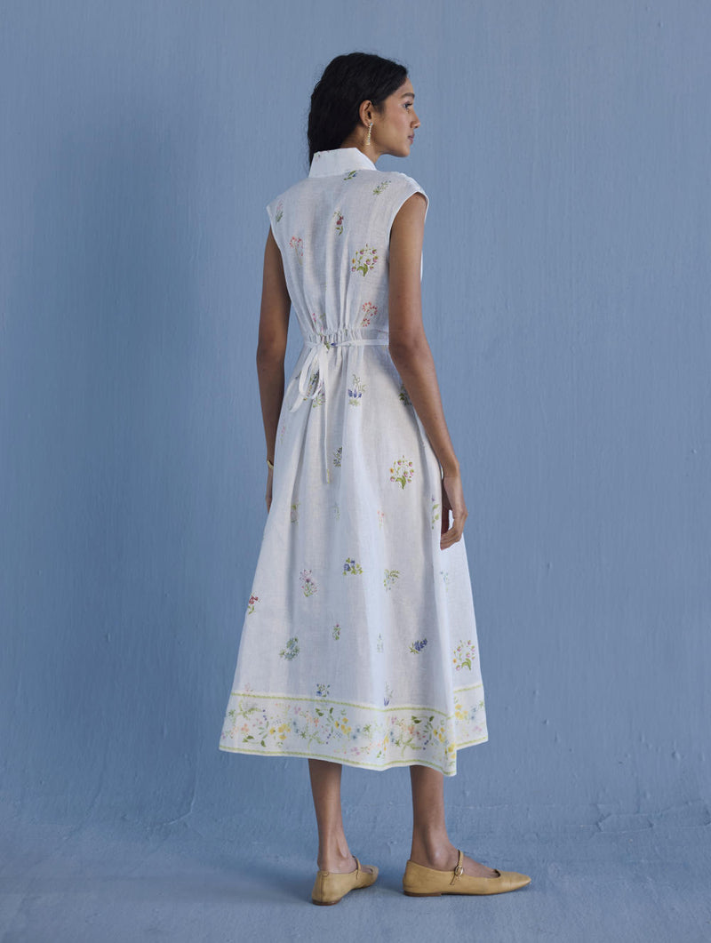 Mema Shawl Collar Printed Linen Dress - White linen by Manan in white color for women in Singapore
