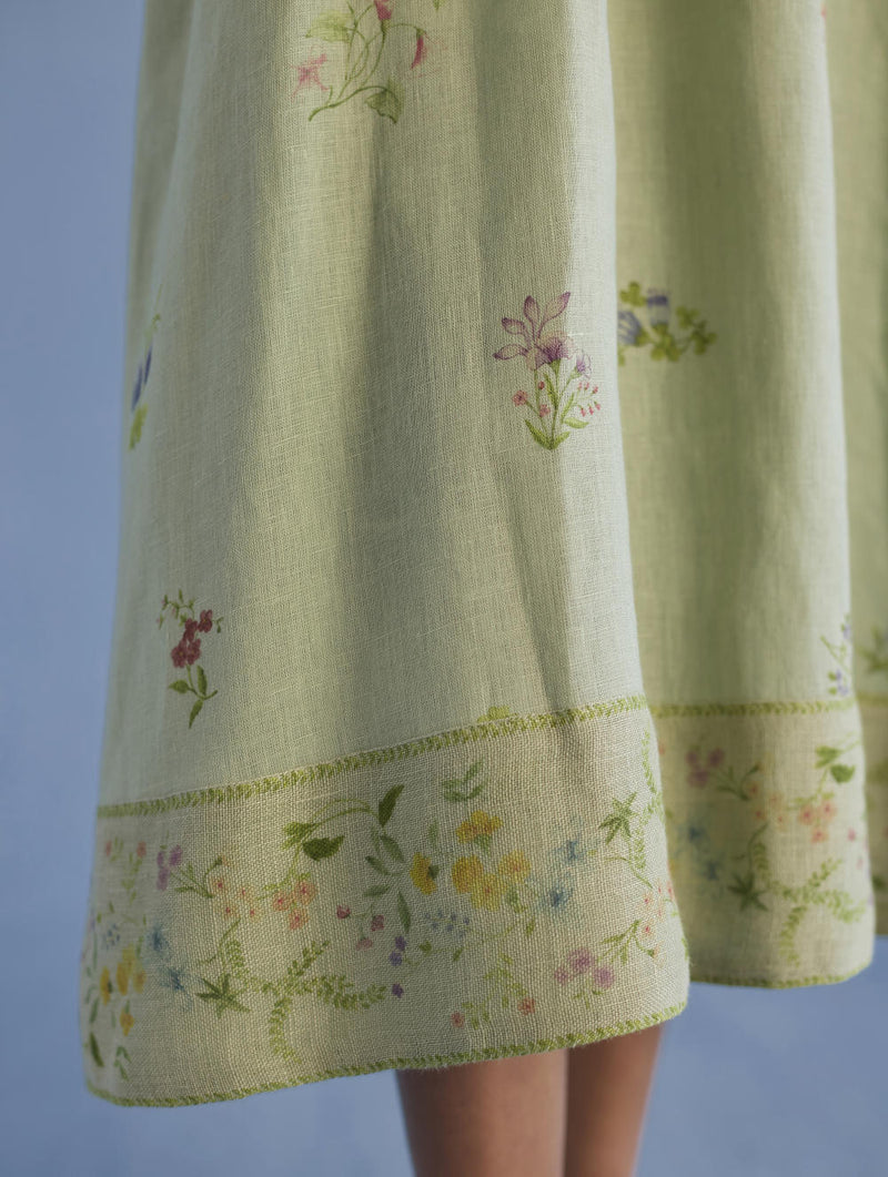 Mema Shawl Collar Printed Linen Dress - Mint linen by Manan in mint color for women in Singapore