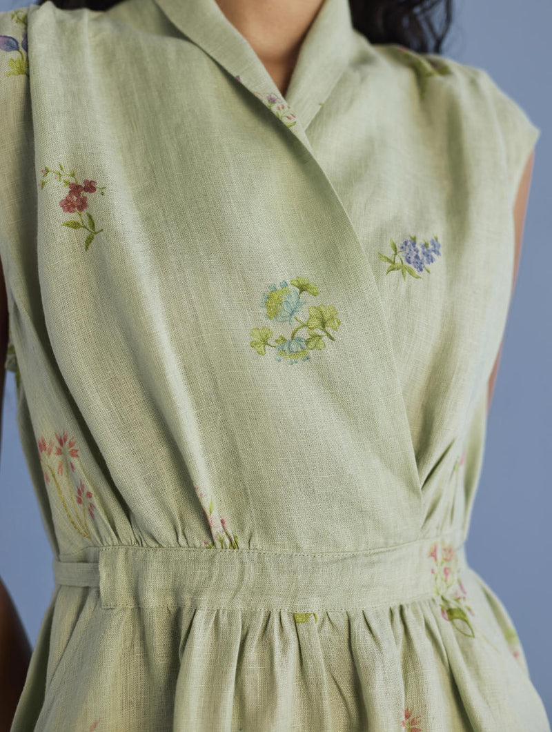 Mema Shawl Collar Printed Linen Dress - Mint linen by Manan in mint color for women in Singapore
